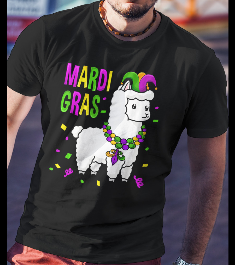 Mardi Gras Llama Jester New Orleans Beads Confetti T-Shirt