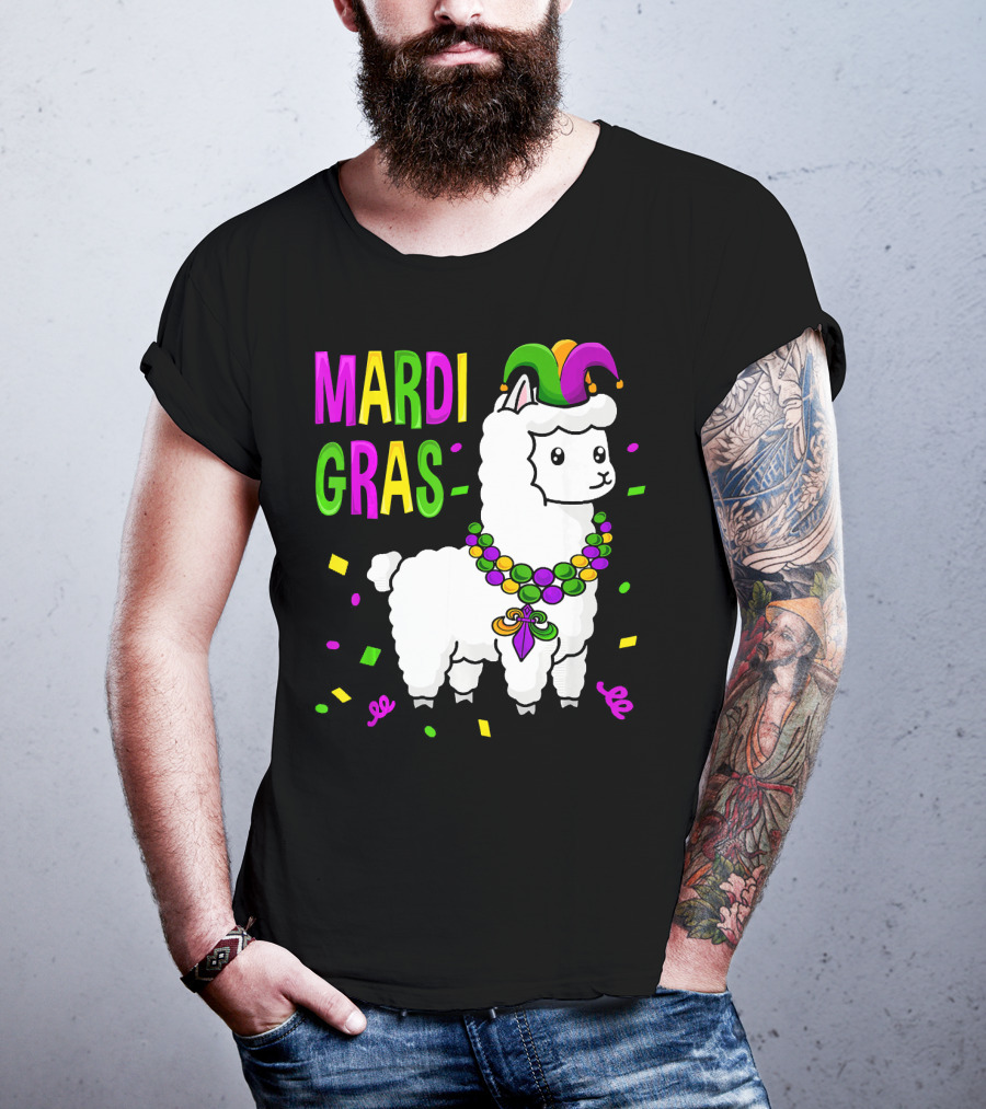 Mardi Gras Llama Jester New Orleans Beads Confetti T-Shirt