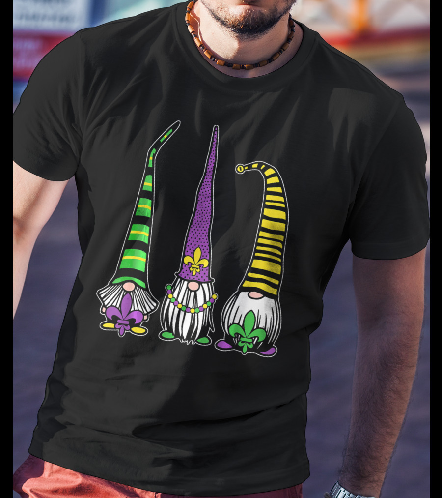 Cute Gnomes Mardi Gras Tuesday Gnome Bea Festival Fleur De Lis T-Shirt