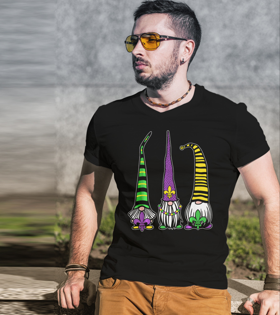 Cute Gnomes Mardi Gras Tuesday Gnome Bea Festival Fleur De Lis T-Shirt