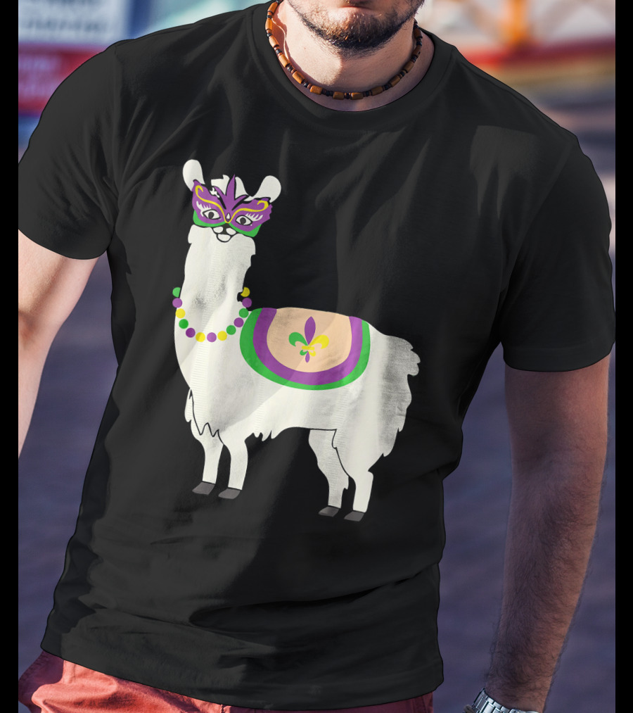 Mardi Gras Llama With Fleur-de-Lis Beads And Mask For Funny Carnival Party T-Shirt