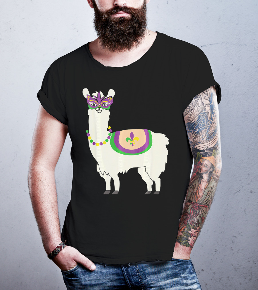 Mardi Gras Llama With Fleur-de-Lis Beads And Mask For Funny Carnival Party T-Shirt