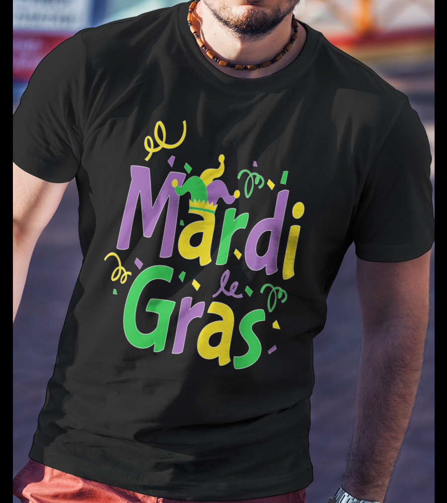 Mardi Gras Party Colorful Celebration With Jester Hat And Confetti T-Shirt