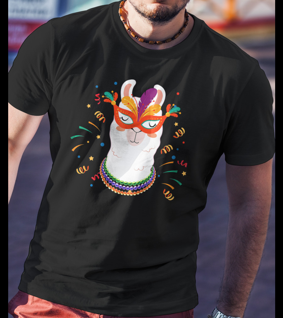 Llama Mardi Gras Mask Beads Festive T-Shirt