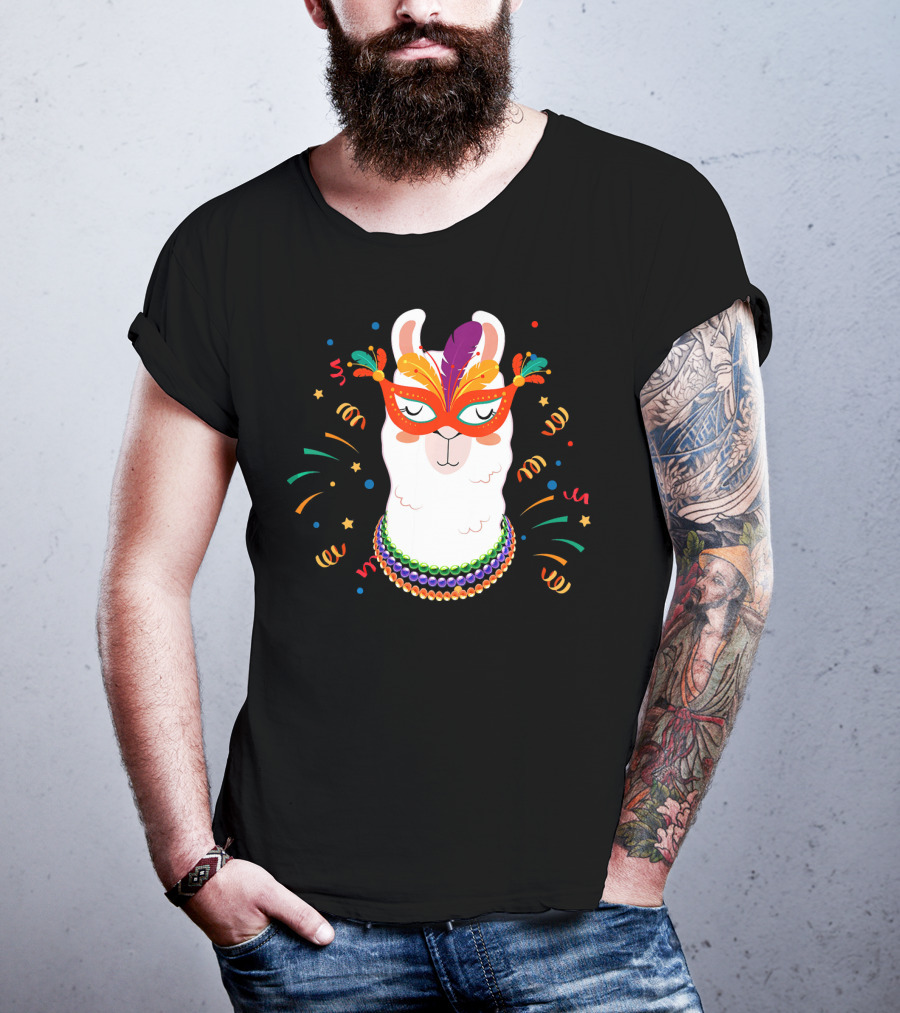 Llama Mardi Gras Mask Beads Festive T-Shirt