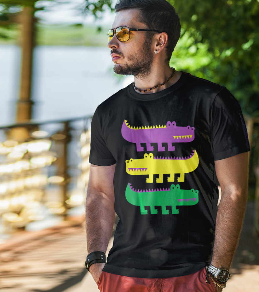 Mardi Gras Happy Alligator Crocodile Fun Purple Yellow Green Trio T-Shirt