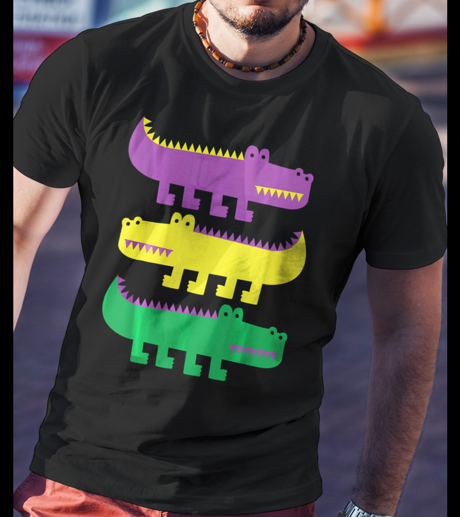 Mardi Gras Happy Alligator Crocodile Fun Purple Yellow Green Trio T-Shirt