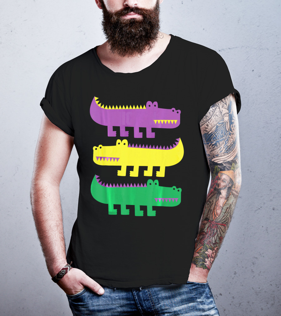 Mardi Gras Happy Alligator Crocodile Fun Purple Yellow Green Trio T-Shirt