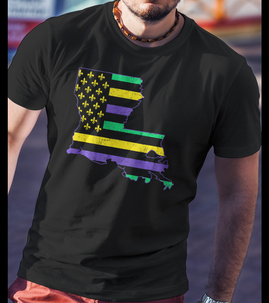 New Orleans Mardi Gras Louisiana Map Fleur-de-lis Flag T-Shirt