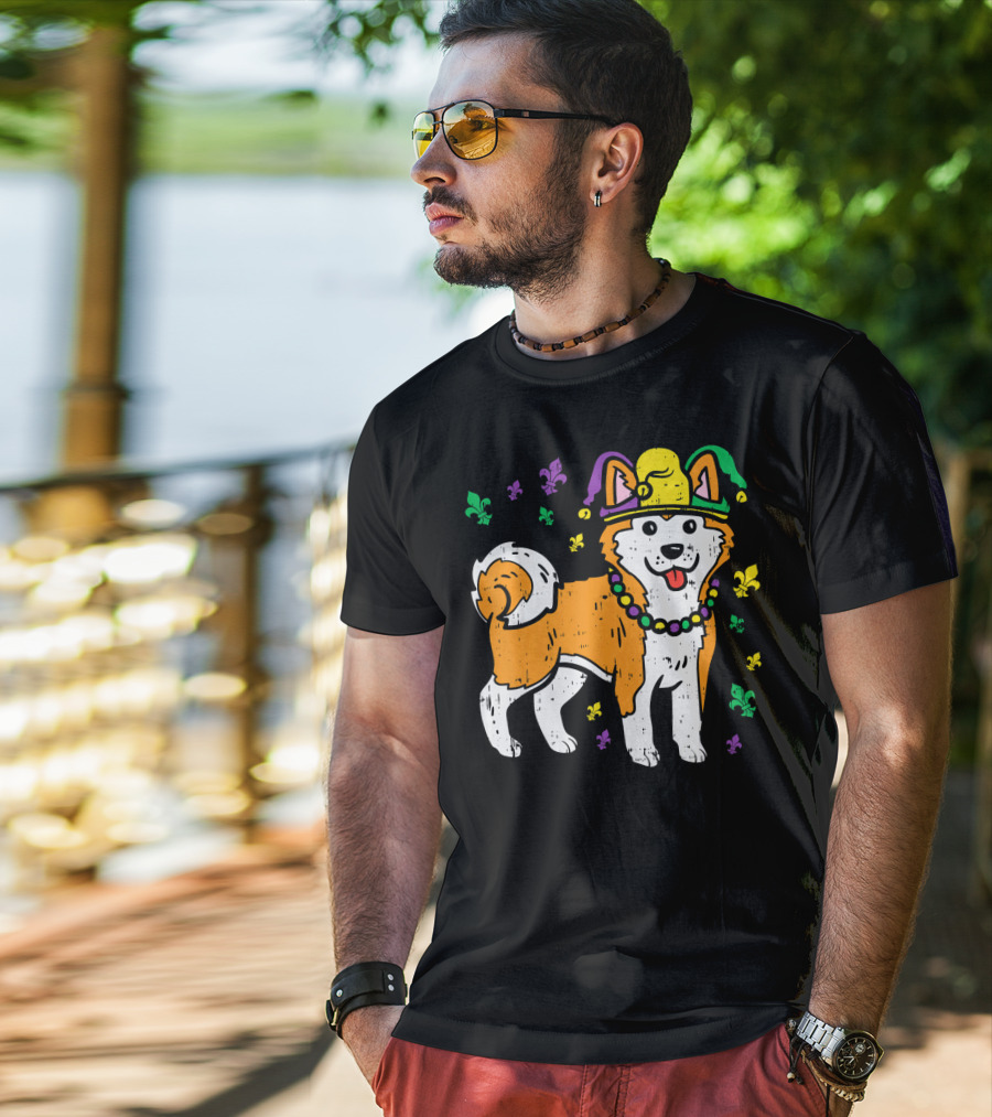 Jester Shiba Inu Akita Japanese Dog Mardi Gras Fleur-de-Lis T-Shirt