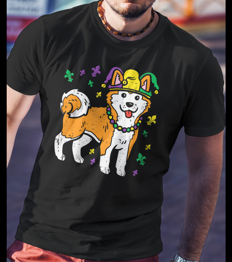 Jester Shiba Inu Akita Japanese Dog Mardi Gras Fleur-de-Lis T-Shirt