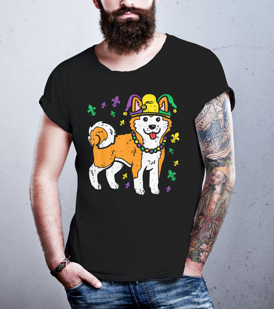 Jester Shiba Inu Akita Japanese Dog Mardi Gras Fleur-de-Lis T-Shirt