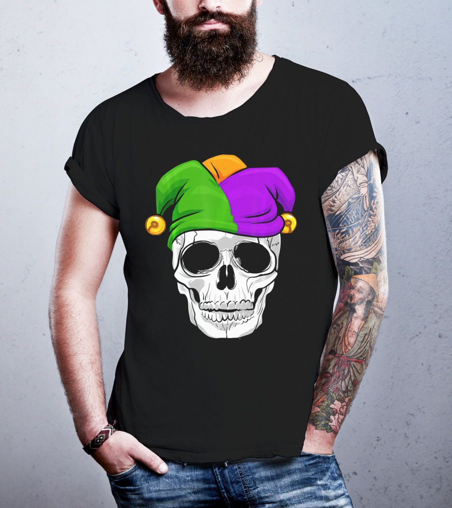 Mardi Gras New Orleans Skull With Colorful Jester Hat T-Shirt