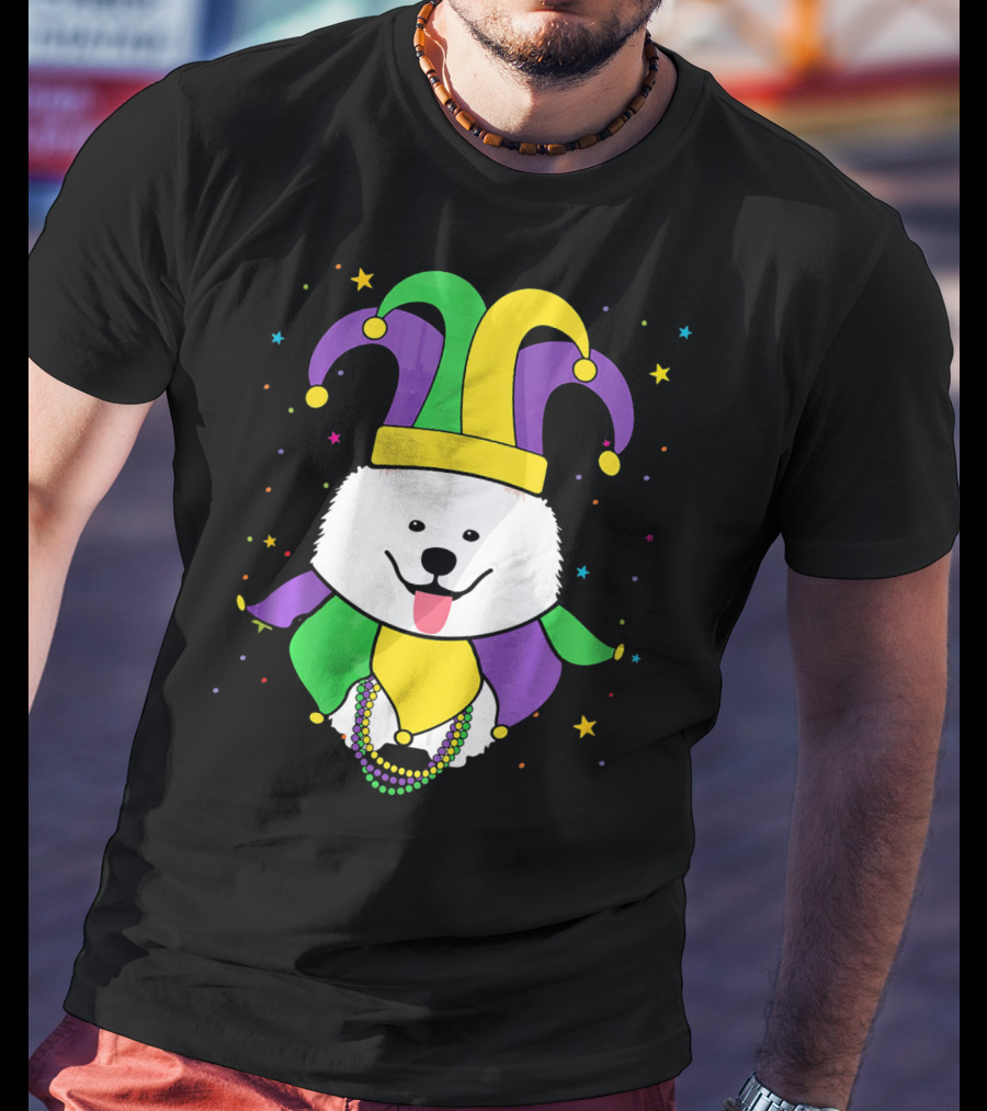 Funny Samoyed With Jester Hat And Mardi Gras Colors T-Shirt