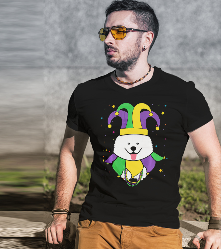 Funny Samoyed With Jester Hat And Mardi Gras Colors T-Shirt