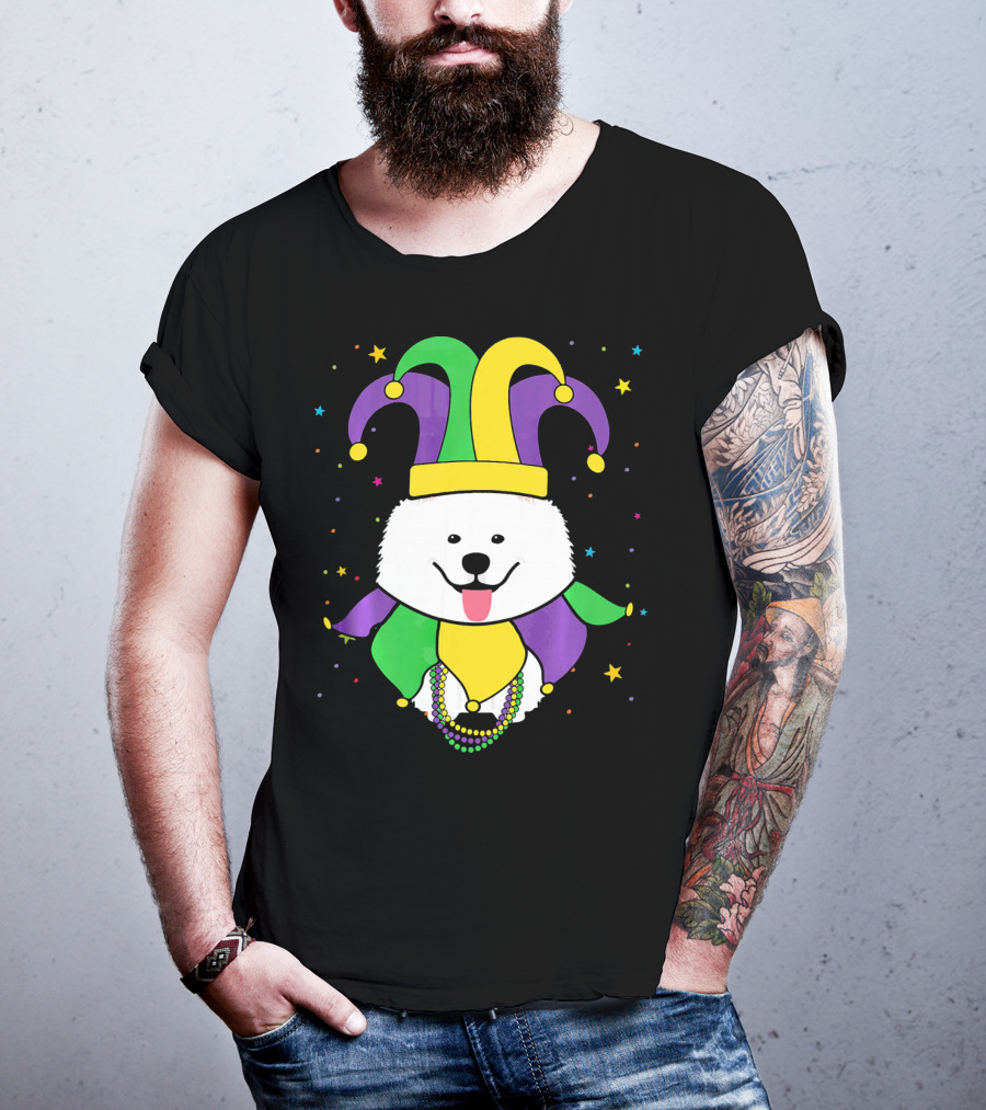 Funny Samoyed With Jester Hat And Mardi Gras Colors T-Shirt