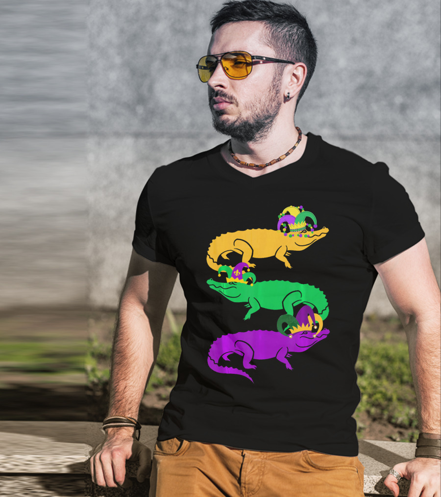 Cute Three Alligator Jesters Mardi Gras Beads T-Shirt
