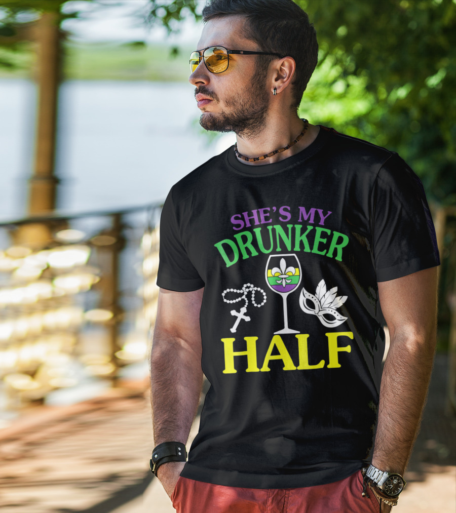 SHE'S MY DRUNKER HALF Fleur-de-Lis Wine Glass Beads Mask T-Shirt