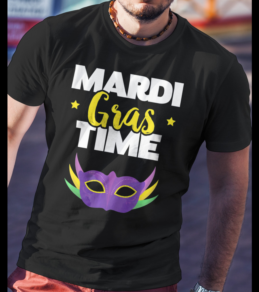 Mardi Gras Time Mask With Stars And Purple Yellow Green Elements T-Shirt