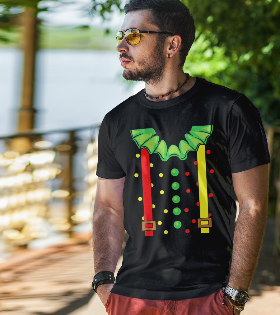 Funny Red And Yellow Suspenders With Green Jester Collar Clown T-Shirt