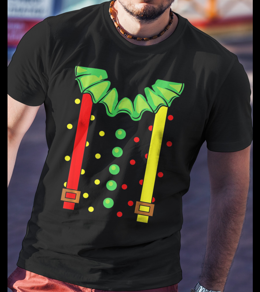 Funny Red And Yellow Suspenders With Green Jester Collar Clown T-Shirt