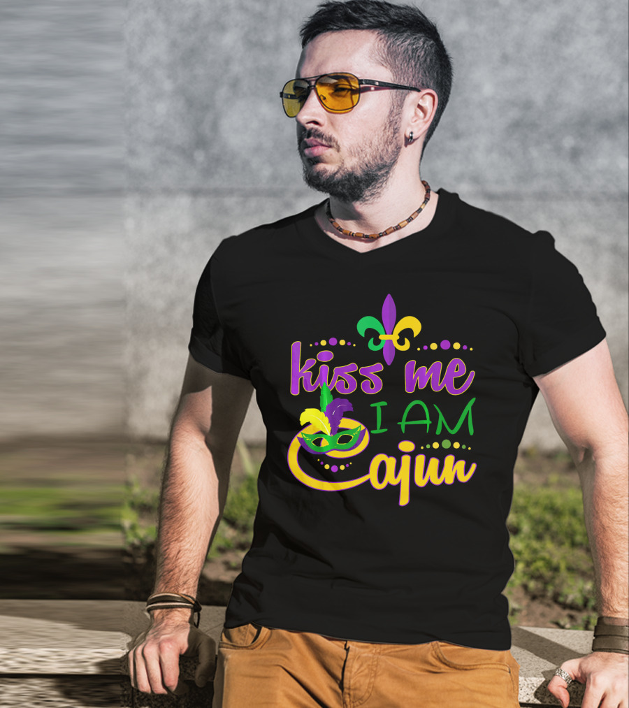 Kiss Me I Am Cajun Mardi Gras Mask Fleur De Lis T-Shirt