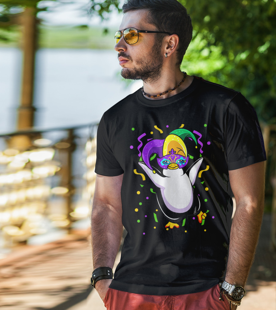 Mardi Gras Penguin With Colorful Jester Hat And Mask T-Shirt