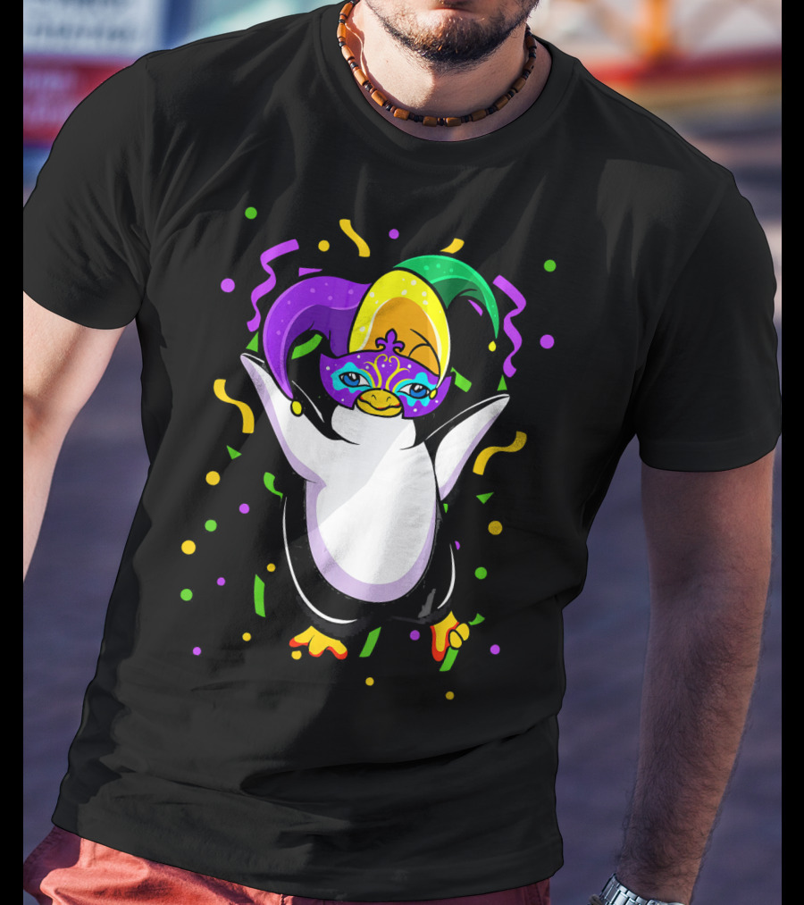Mardi Gras Penguin With Colorful Jester Hat And Mask T-Shirt