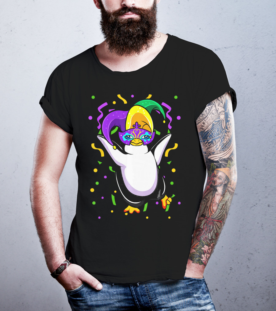 Mardi Gras Penguin With Colorful Jester Hat And Mask T-Shirt