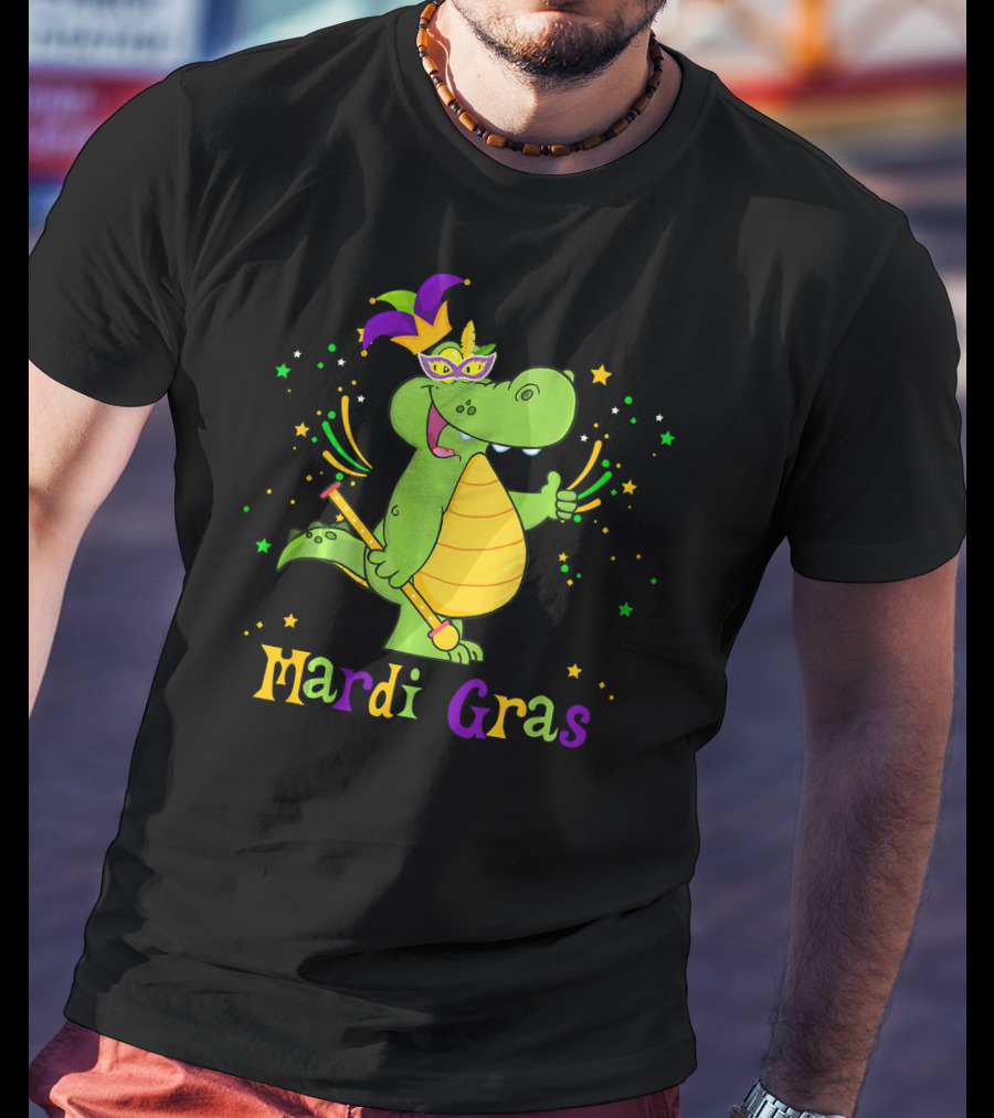 Mardi Gras Alligator With Mask And Star Accents T-Shirt