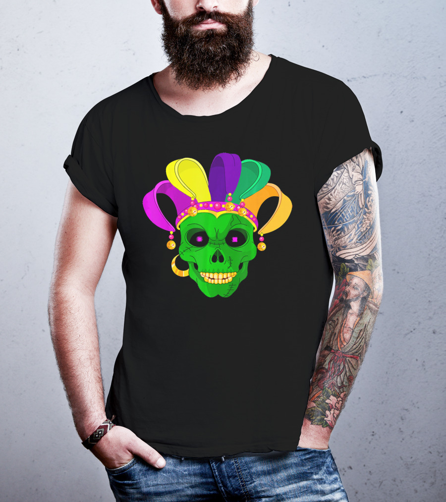 Skull Face Green Jester Hat Mardi Gras T-Shirt