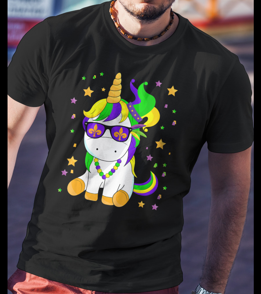 Mardi Gras Unicorn Kid Carnival Stars Fleur-de-Lis Beads T-Shirt