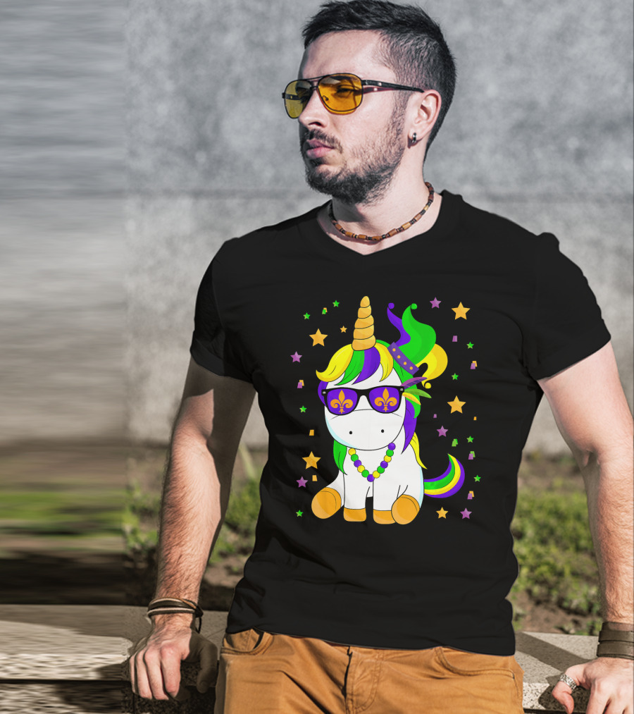 Mardi Gras Unicorn Kid Carnival Stars Fleur-de-Lis Beads T-Shirt