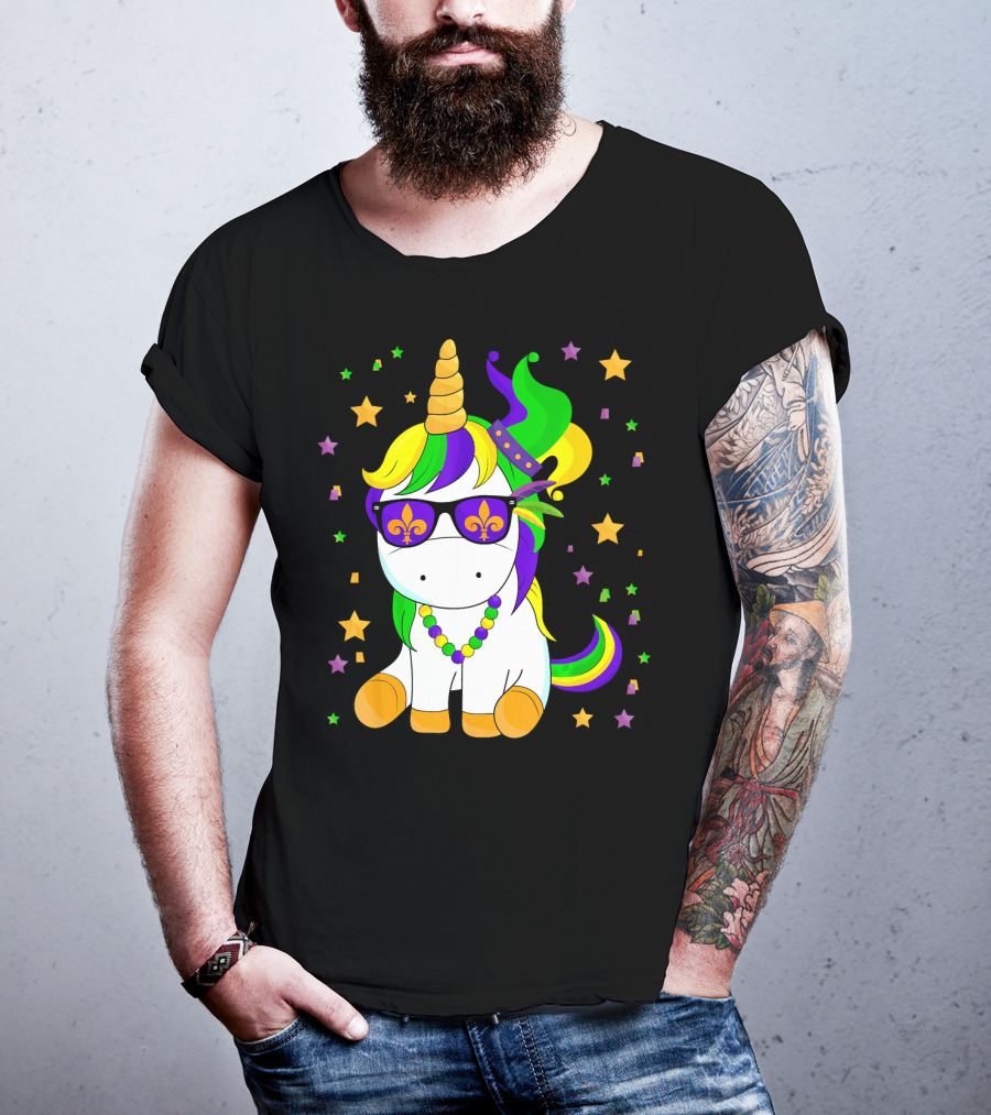 Mardi Gras Unicorn Kid Carnival Stars Fleur-de-Lis Beads T-Shirt