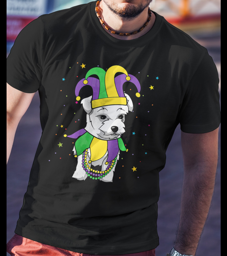 Havanese Dog Jester Hat Mardi Gras Beads Funny Stars T-Shirt