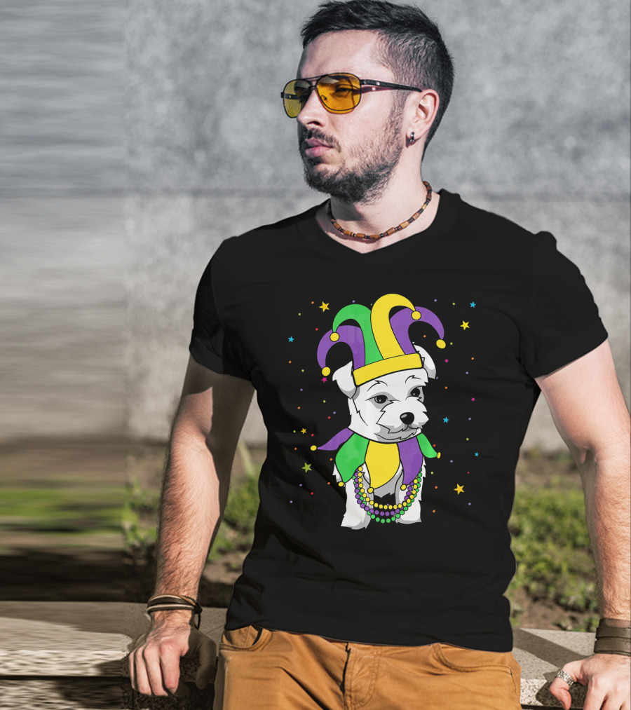 Havanese Dog Jester Hat Mardi Gras Beads Funny Stars T-Shirt
