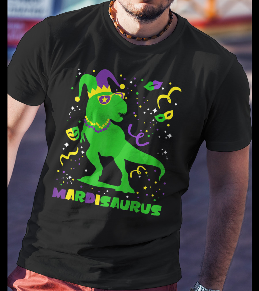 Mardi Gras Dinosaur Mardisaurus Jester Hat Beads Masks Party T-Shirt