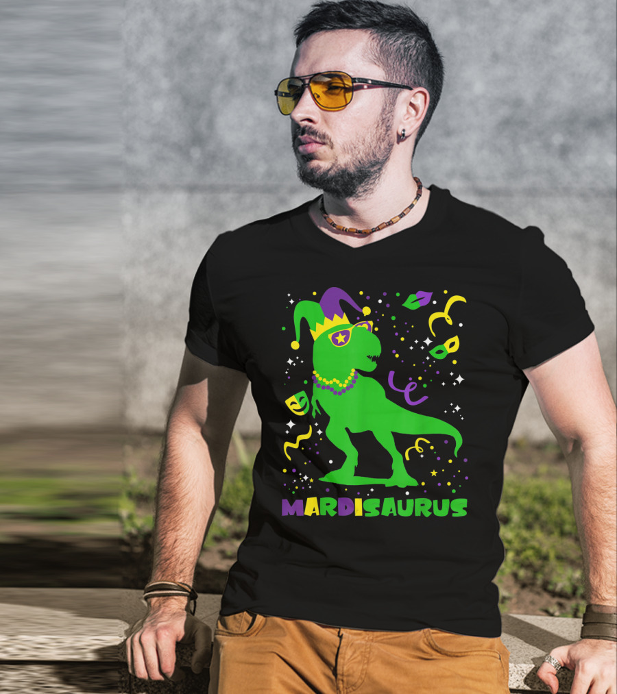 Mardi Gras Dinosaur Mardisaurus Jester Hat Beads Masks Party T-Shirt