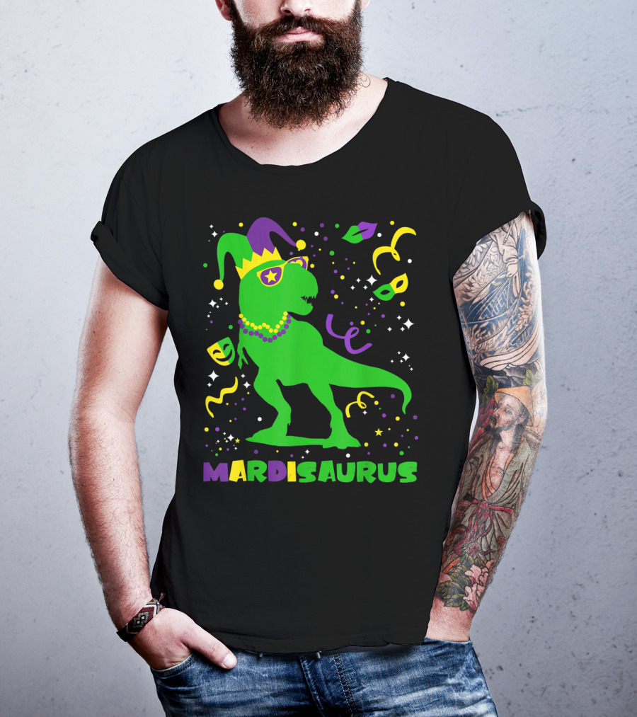 Mardi Gras Dinosaur Mardisaurus Jester Hat Beads Masks Party T-Shirt