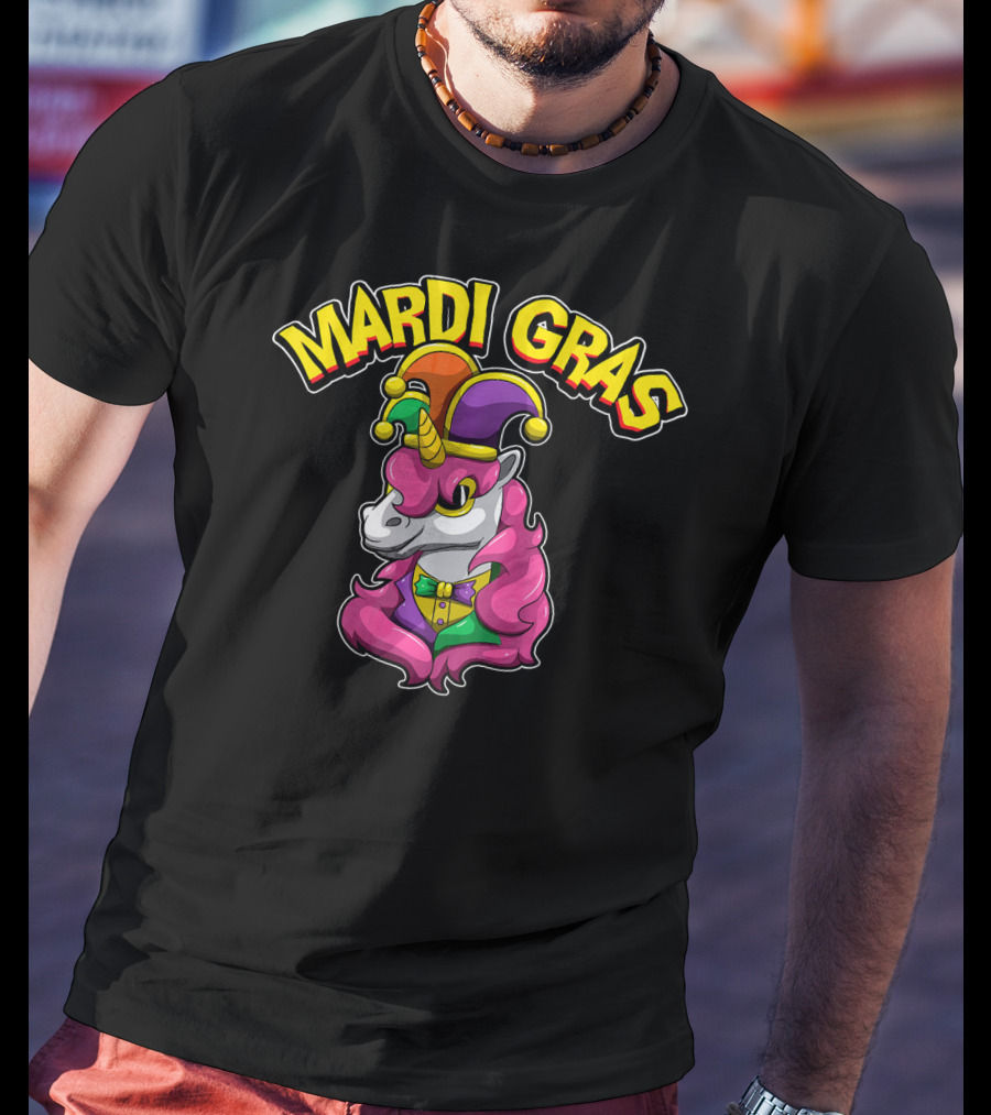 Mardi Gras Unicorn In Jester Hat With Colorful Costume T-Shirt