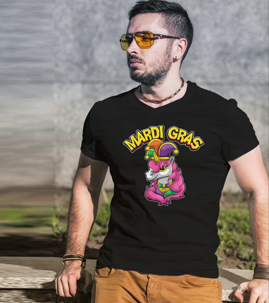 Mardi Gras Unicorn In Jester Hat With Colorful Costume T-Shirt