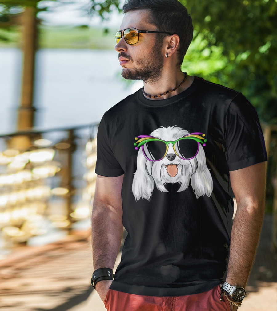 Maltese Dog With Mardi Gras Carnival Mask And Sunglasses T-Shirt