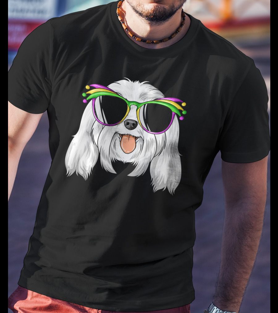Maltese Dog With Mardi Gras Carnival Mask And Sunglasses T-Shirt