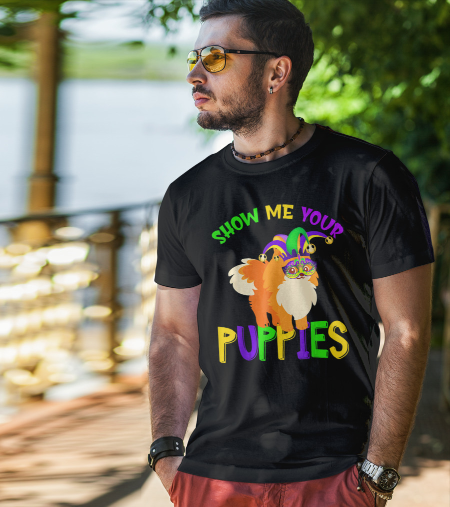 Show Me Your Puppies Pomeranian Jester Mask Colorful Fun T-Shirt
