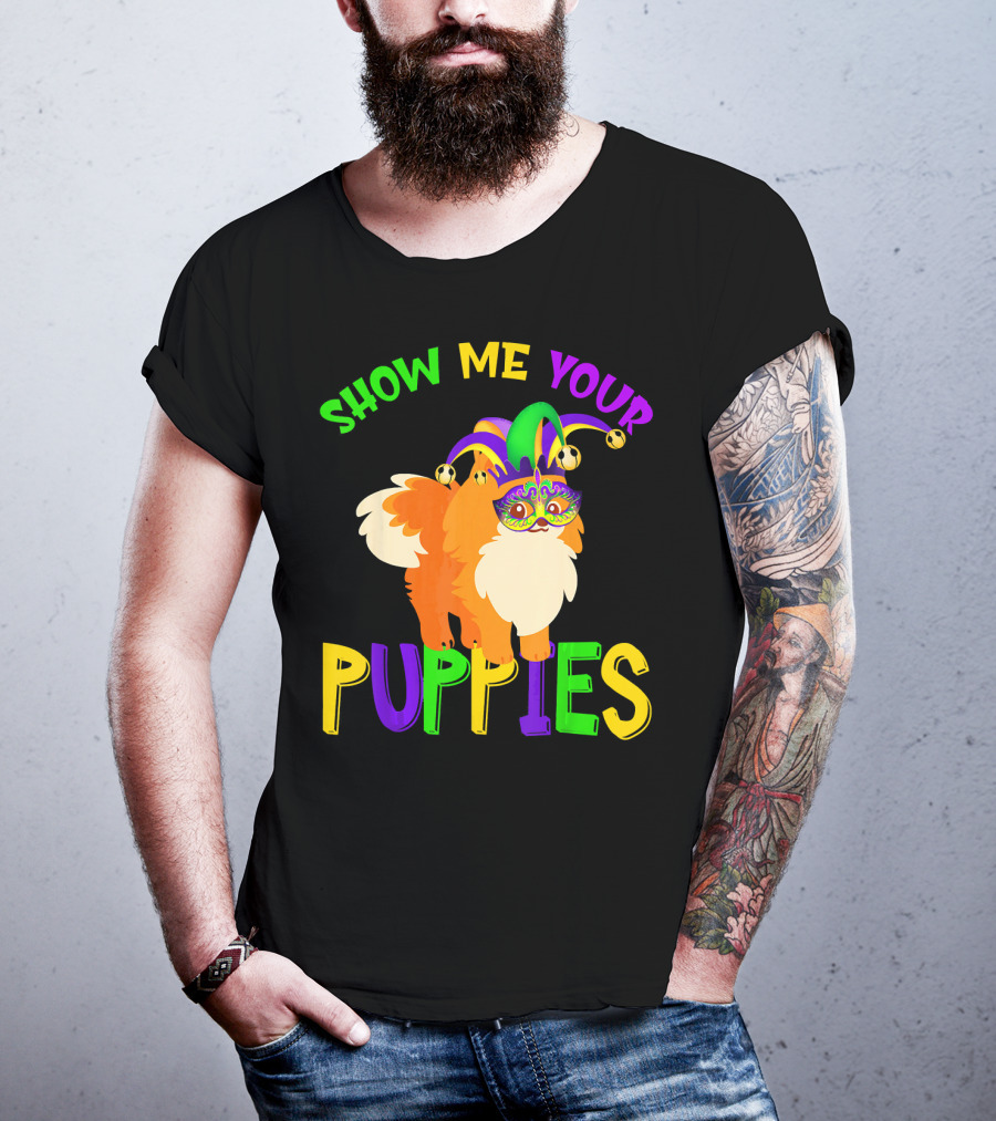 Show Me Your Puppies Pomeranian Jester Mask Colorful Fun T-Shirt