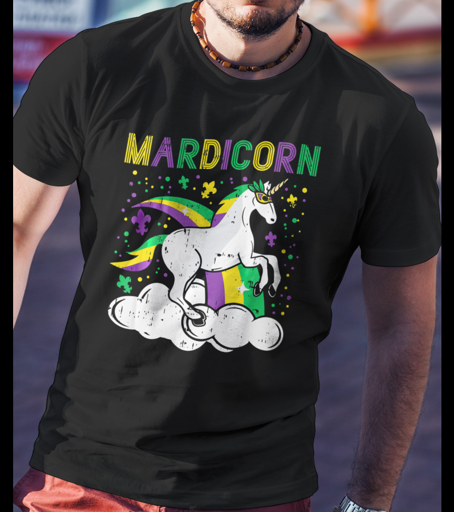 Mardicorn Retro Unicorn Jester Animal Mardi Gras Fleur-de-Lis Clouds T-Shirt