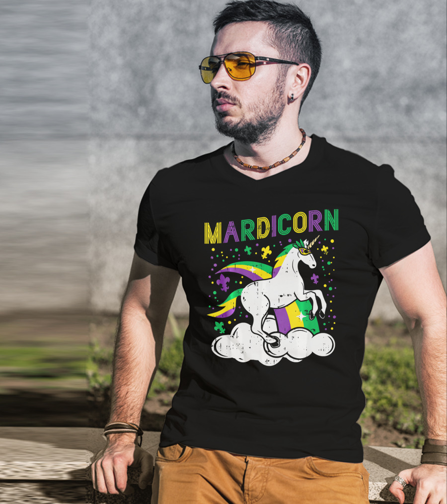 Mardicorn Retro Unicorn Jester Animal Mardi Gras Fleur-de-Lis Clouds T-Shirt