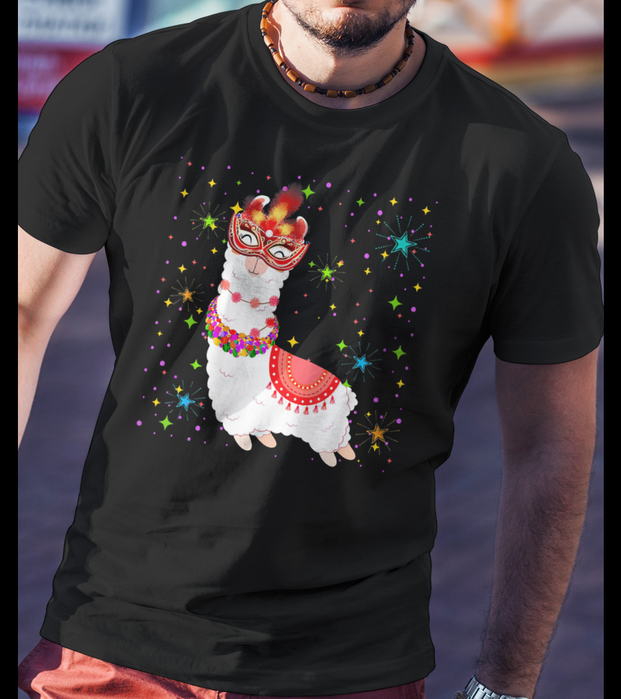 Llama Mardi Gras Mask Beads Colorful Festive Stars T-Shirt