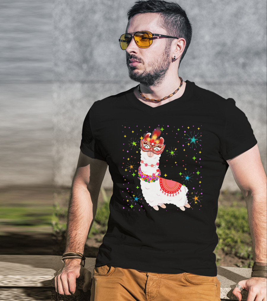 Llama Mardi Gras Mask Beads Colorful Festive Stars T-Shirt