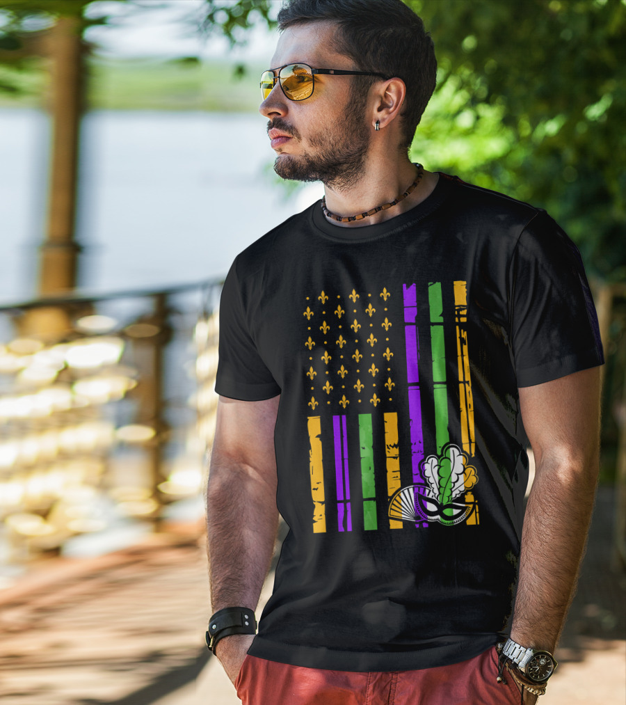 US Mardi Gras Celebration Flag Fleur De Lis Mask T-Shirt